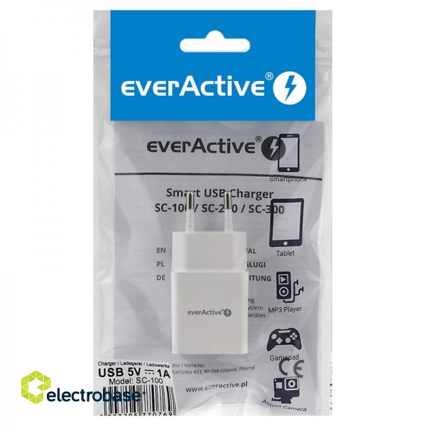 Розетка зарядная - блок питания USB 5В 1А everActive SC-100 в упаковке по 1 шт. фото 4