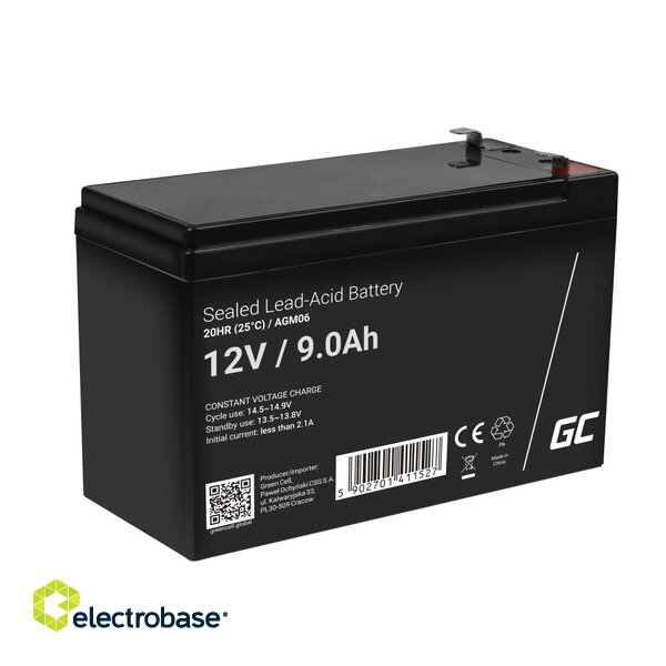 Akumulators 12V 9Ah Klemmes tips T2(6.3mm) | Green Cell | AGM electrobase.lv