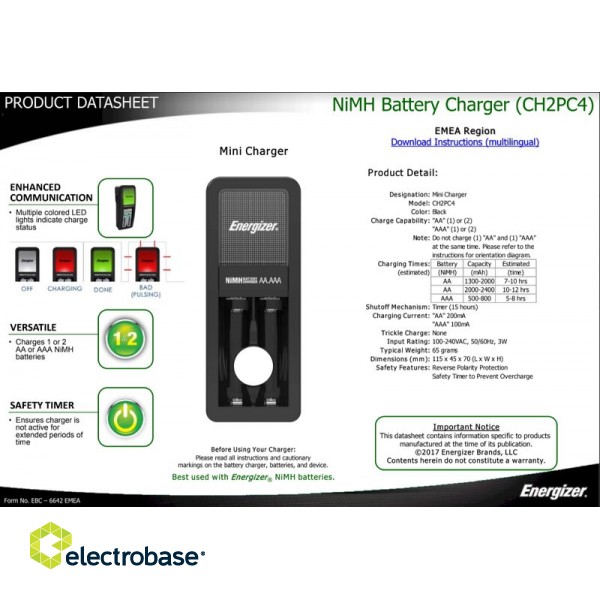 Зарядное устройство Energizer MINI + 2xR6/AA 2000 мАч CH2PC4 в упаковке по 1 шт. фото 3
