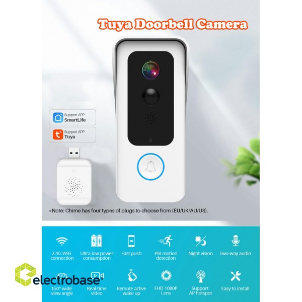 Battery Doorbell WiFi | Outdoor Camera + Chime| 2MP | Tuya | White фото 1