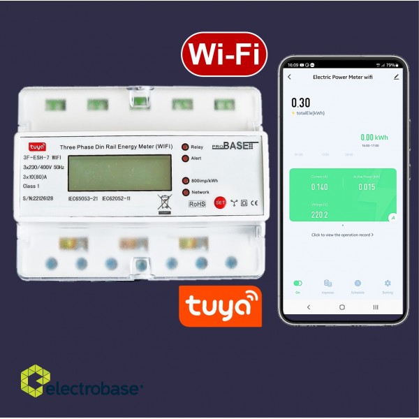 Wi-Fi Trīs fāžu elektrības skaitītajs ar iesl./izsl. Releju| iOS un Android | 80A | 7DIN 2