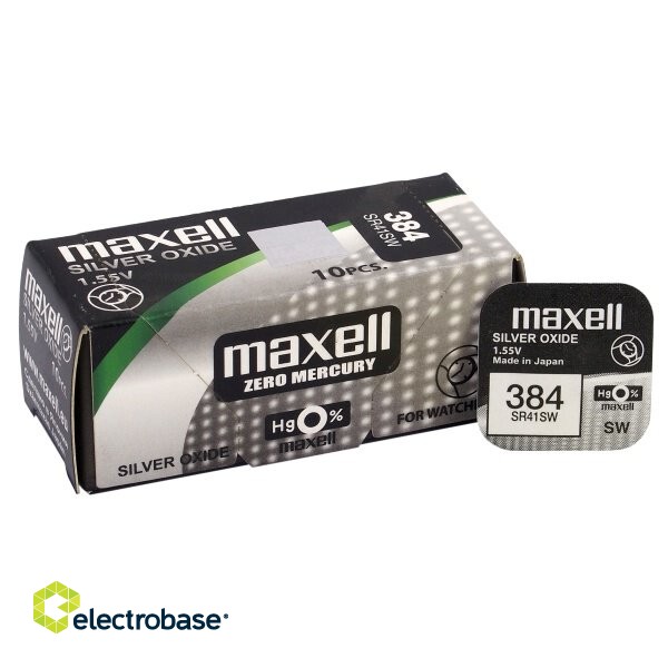 384 baterijas 1.55V Maxell sudraba-oksīda SR41SW iepakojumā 1 gb.