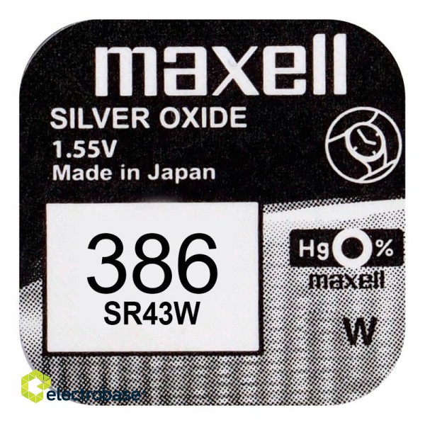 386 baterijas 1.55V Maxell sudraba-oksīda SR43SW iepakojumā 1 gb. 2