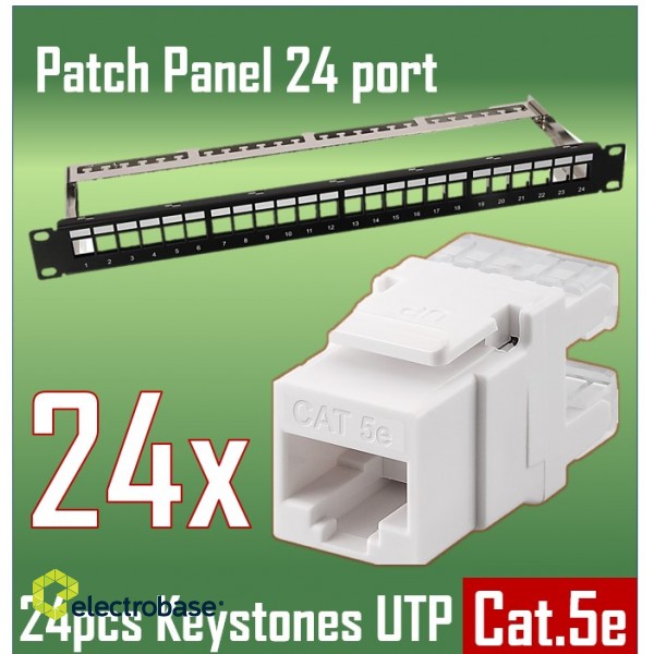 Komutācijas panelis CAT5E UTP 19" 24 porti (Patch panel), 1U komplektā ar 24gab. Keystone 2