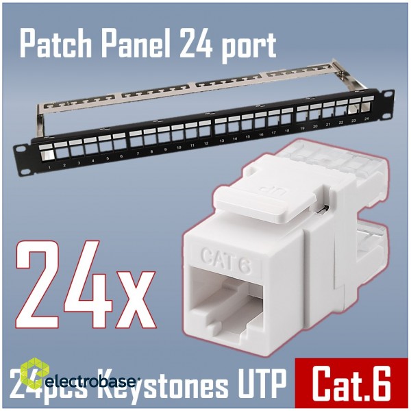 Komutācijas panelis 19" CAT6 UTP 24 porti (Patch panel)  komplektā ar 24gab. Keystone 2