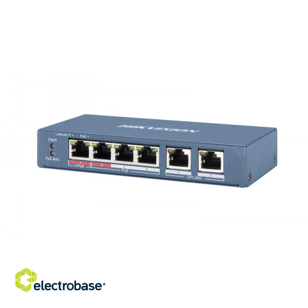 L2, Unmanaged, 4 10/100M RJ45 PoE ports, 2 10/100M RJ45 uplink ports, 802.3af/at/bt, port 1 support 