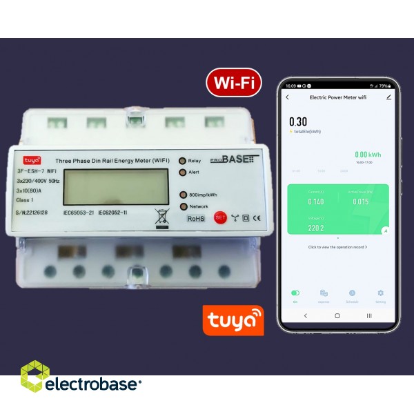 Wi-Fi Trīs fāžu elektrības skaitītajs ar iesl./izsl. Releju| iOS un Android | 80A | 7DIN