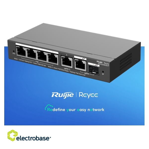 6-Port Gigabit Smart PoE komutators: 4 PoE porti, 1 RJ45, 1 SFP, 54W PoE, galda, tērauda korpuss.