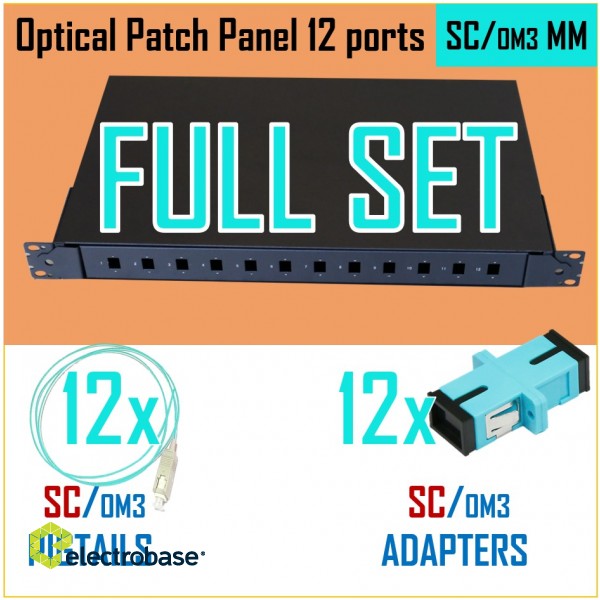 MM Optiskais komutācijas paneļa komplekts | 19" | 12 portiem | SC OM3 adapteri| SC OM3 pigtaili
