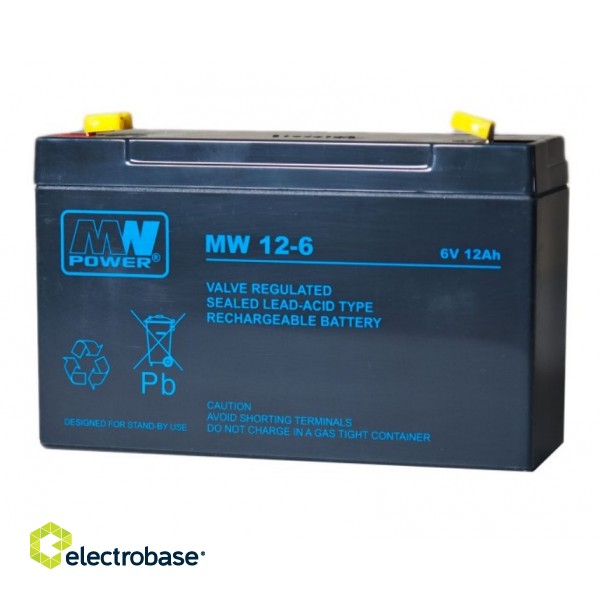 MW Svina-skābes akumulators - 6V/12Ah 9.75x15.1x5cm | Klemmes tips T2 (6.35mm) | MW 12-6L