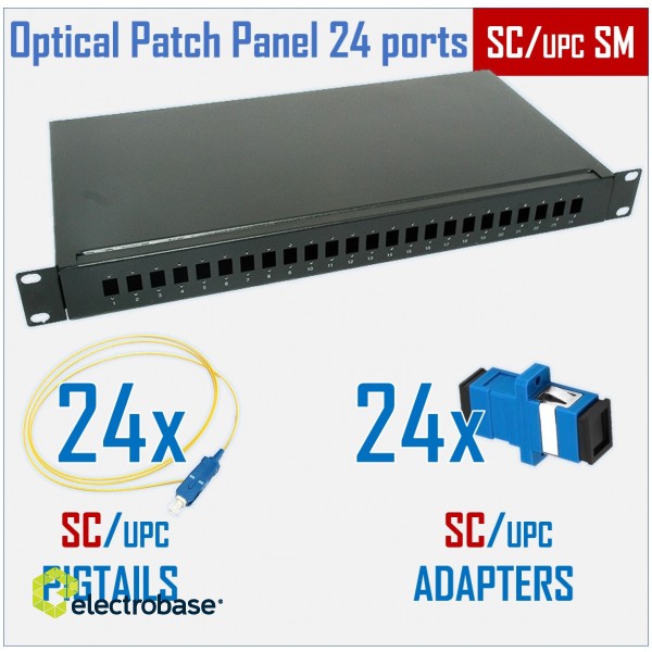 Optiskais komutācijas paneļa komplekts | 19" | 24 portiem | SC/UPC adapteri| SC/UPC pigtaili