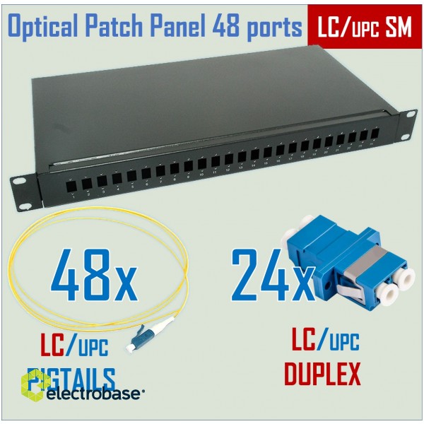 Optiskais komutācijas paneļa komplekts | 19" | 48 portiem | LC/UPC adapteri| LC/UPC pigtaili