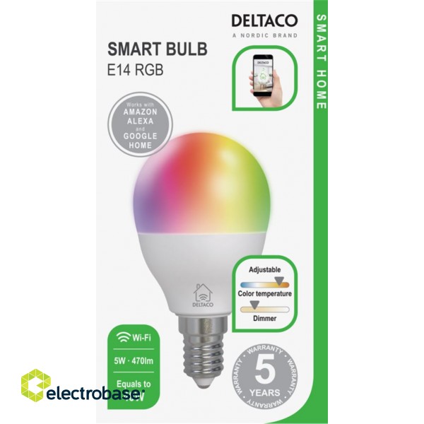 DELTACO LED lemputė, E14, WIFI 2.4GHZ, 5W, 470LM, reguliuojamas, RGB, 2700K-6500K, 220-240V paveikslėlis 2