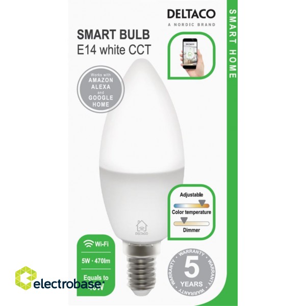 DELTACO LED lemputė, E14, WIFI 2.4GHZ, 5W, 470LM, reguliuojamas, 2700K-6500K, 220-240V paveikslėlis 2
