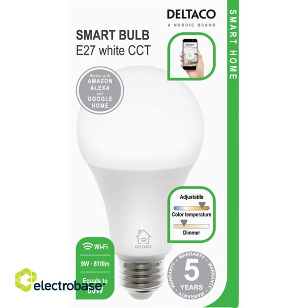DELTACO LED lemputė, E27, WIFI 2.4GHZ, 9W, 810LM, reguliuojamas, 2700K-6500K, 220-240V paveikslėlis 2
