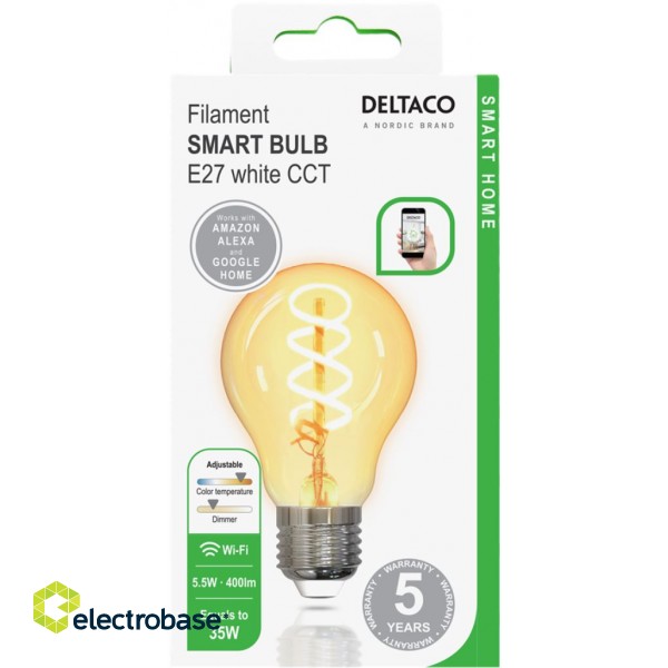DELTACO LED Bulb Filament, E27, WIFI 2.4GHZ, 5.5W, 470LM, Dimmable, 1800K-6500K, 220-240V image 2