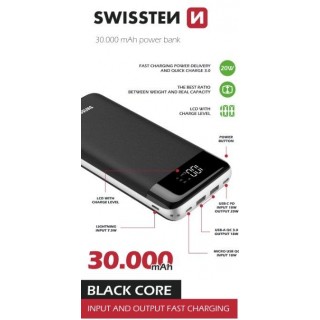 Swissten Black Core Premium Recovery Power Banka Uzlādes baterija / USB / USB-C / 30000 mAh