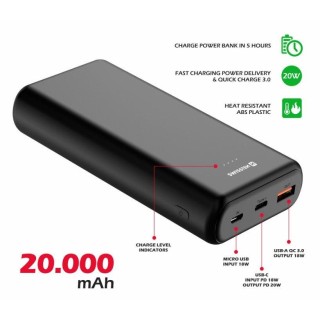 Swissten Line Power Banka Ārējās Uzlādes Baterija USB / USB-C / Micro USB / 20W / 20000 mAh