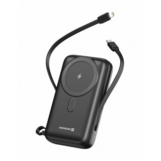 Swissten Ārējās uzlādes Baterija 20000 mAh 20W ar iebūvētiem USB-C un Lightning kabeļiem (Saderīgs ar MagSafe)