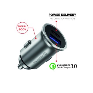 Swissten 36W Metāla Auto Lādētājs ar Power Delivery USB-C + Quick Charge 3.0 Mobīlajiem telefoniem un Planešetdatoriem