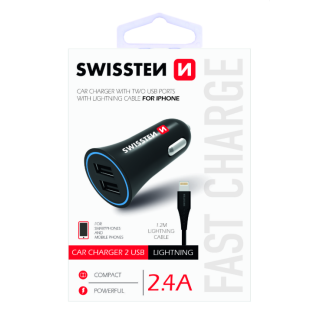 Swissten Car charger 12 - 24V / 1A + 2.1A + Lightning Data Cable 1.2m
