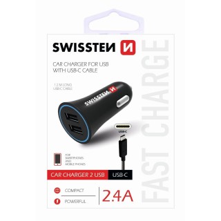 Swissten Auto Lādētājs 12 / 24V / 1A + 2.1A + USB-C Datu Kabelis 1m