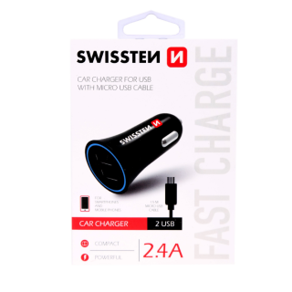 Swissten Auto Lādētājs 12V - 24V / 1A + 2.1A un Micro USB vads 1.5m
