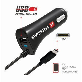 Swissten Premium Car charger 12 / 24V / 2.4A + non-detachable USB-C Data Cable 1m