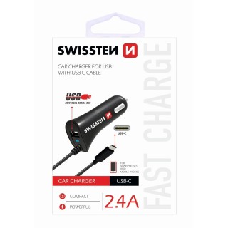 Swissten Premium Auto Lādētājs 12 / 24V / 2.4A + iebūvēts USB-C Datu Kabelis 1m