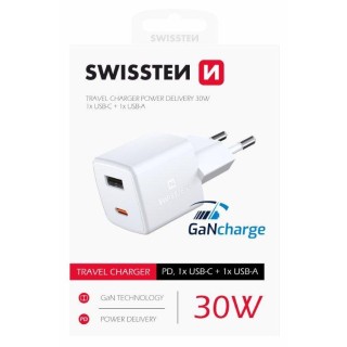 Swissten GaN Mini Travel Charger USB-C / USB / PD 30W