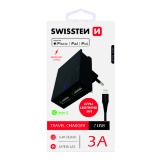 Swissten MFI Premium Apple Certified Travel Charger USB 3А / 15W With Lightning Cable 1.2m