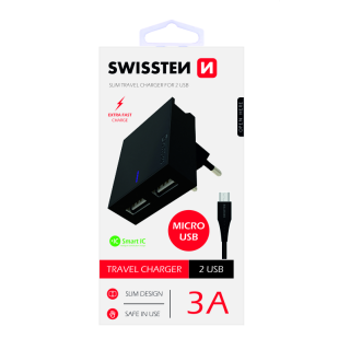 Swissten Premium Travel Charger USB 3A / 15W With Micro USB Cable 1.2m