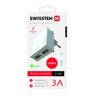 Swissten Premium Tīkla Lādētājs USB 3А / 15W Ar USB-C vadu 1.2m