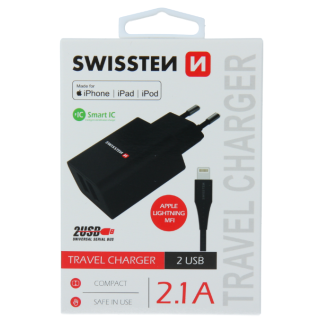Swissten Smart IC Tīkla Lādētājs 2x USB 2.1A Ar Lightning MFI vadu 1.2m