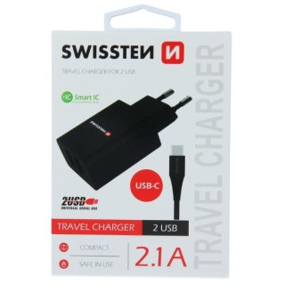 Swissten Smart IC Tīkla Lādētājs 2x USB 2.1A ar USB-C vadu 1.2 m