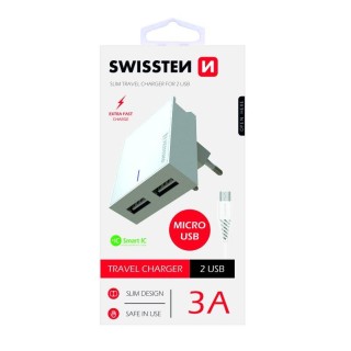 Swissten Smart IC Travel Charger 2x USB 3А / 15W With Micro USB Cable 1.2m