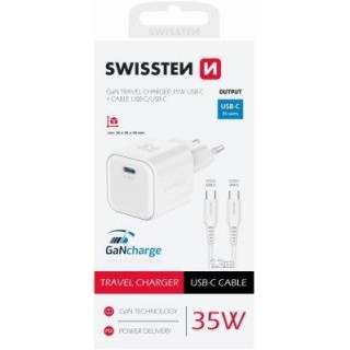 Swissten Tīkla Lādētājs GaN USB-C 35W PD + Datu kabelis USB-C - USB-C 1.2m