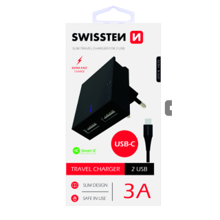 Swissten Travel Charger USB 3А / 15W With USB-C Cable 1.2m