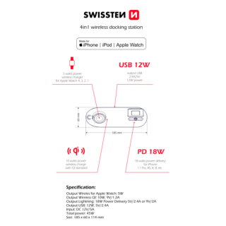 Swistten 4in1 MFI Wireless Docking Station 45W Bezvadu Uzlādes Dokstacija Priekš Apple iPhone / Apple Watch / iPod