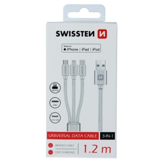 Swissten Textile Universal 3in1 USB-C / Lightning Data MFI / MircoUSB Cable 1.2m