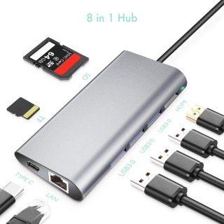 RoGer USB-C HUB 8in1 ar USB-C PD / USB 3.0 x2 / RJ45 / HDMI / SD / TF karšu lasītājs
