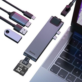 Baseus CAHUB-L0G 7 in 1 Dock Station For MacBook / HDMI / 2 x USB 3.0 / USB-C / RJ45 / SD / Micro SD Thunderbolt C+
