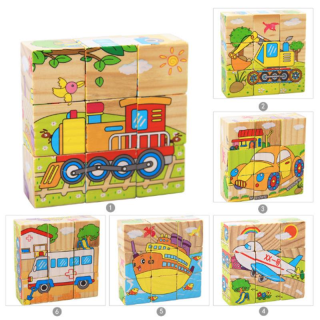 RoGer Educational Wooden Cubes Puzzle / 9pcs / Vehicles