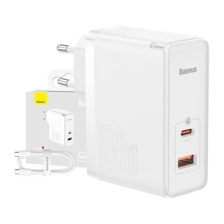 Wall charger Baseus GaN5 Pro USB-C + USB, 100W + 1m cable (white)