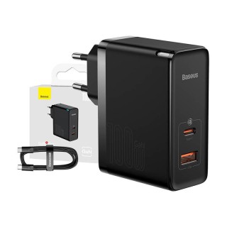 Wall charger Baseus GaN USB-C + USB, 100W + 1m cable (black)