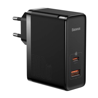Wall charger Baseus GaN USB-C + USB, 100W + 1m cable (black)