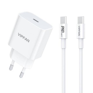 Wall charger VFAN E04, USB-C, 20W, QC 3.0 + USB-C cable (white)