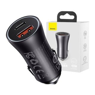 Car charger Baseus Golden Contactor Max, USB + USB-C, 60W (grey)