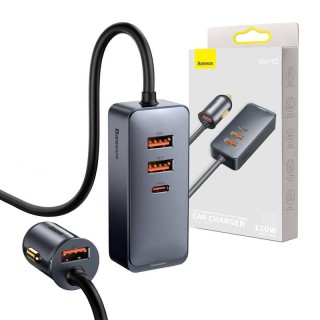 Car charger Baseus Share Together with extension cord, 3x USB, USB-C, 120W (grey)
