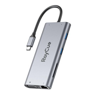 Hub 11w1 RayCue USB-C do 2x USB-A 2.0 480Mbps + 3x USB-A 3.2 5Gbps + SD/TF 3.0 + HDMI 4K30Hz + VGA 1080p + RJ45 + PD 3.0 100W (sary)
